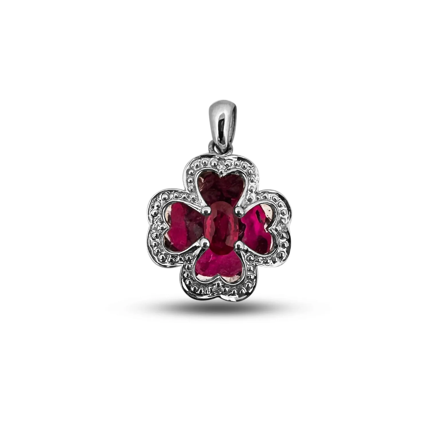 Ruby and Diamond Clover Illusion Pendant Necklace in 14k White Gold