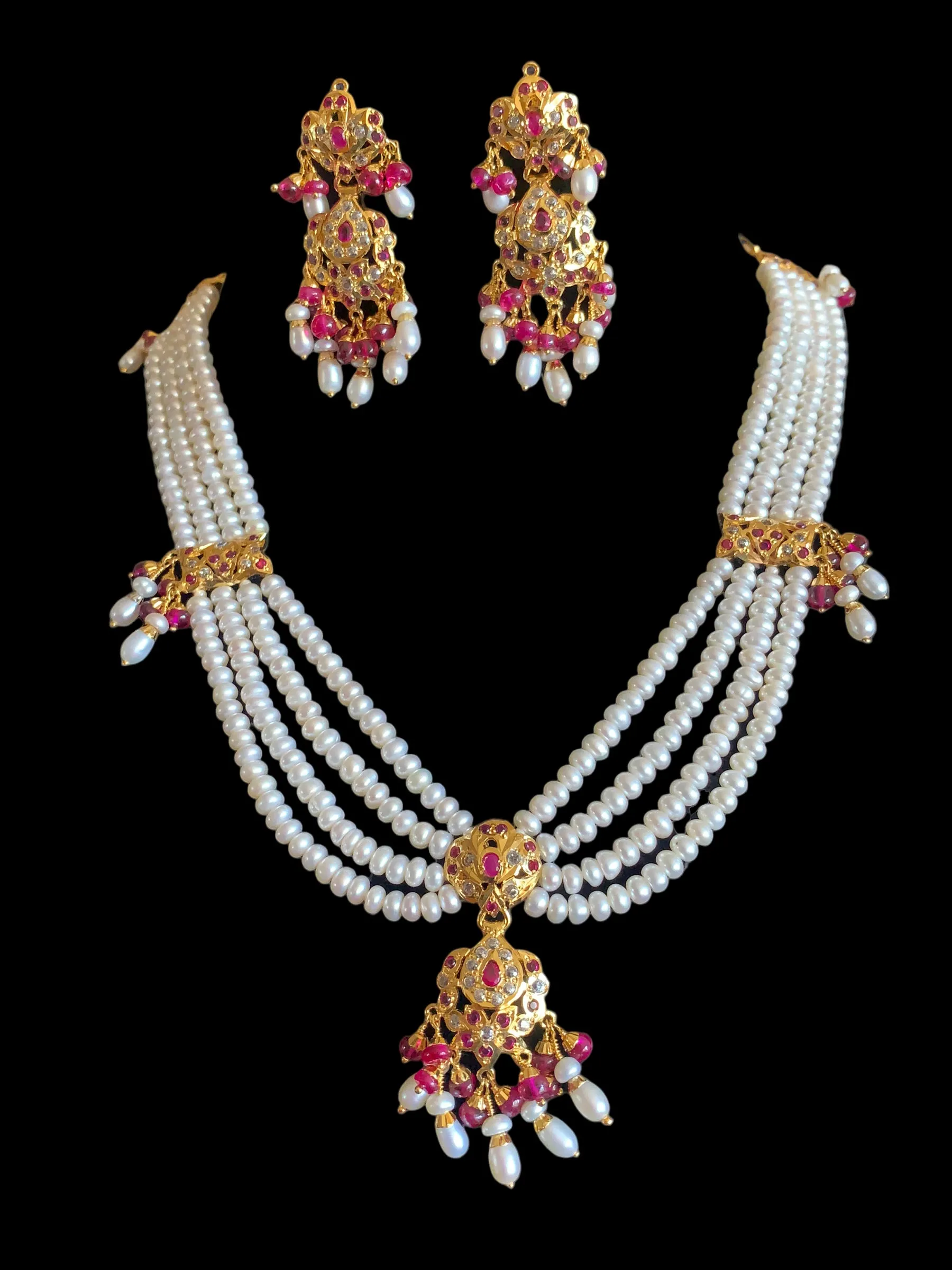 Ruby and zircon jadau gold plated silver necklace with earrings ( READY TO SHIP)