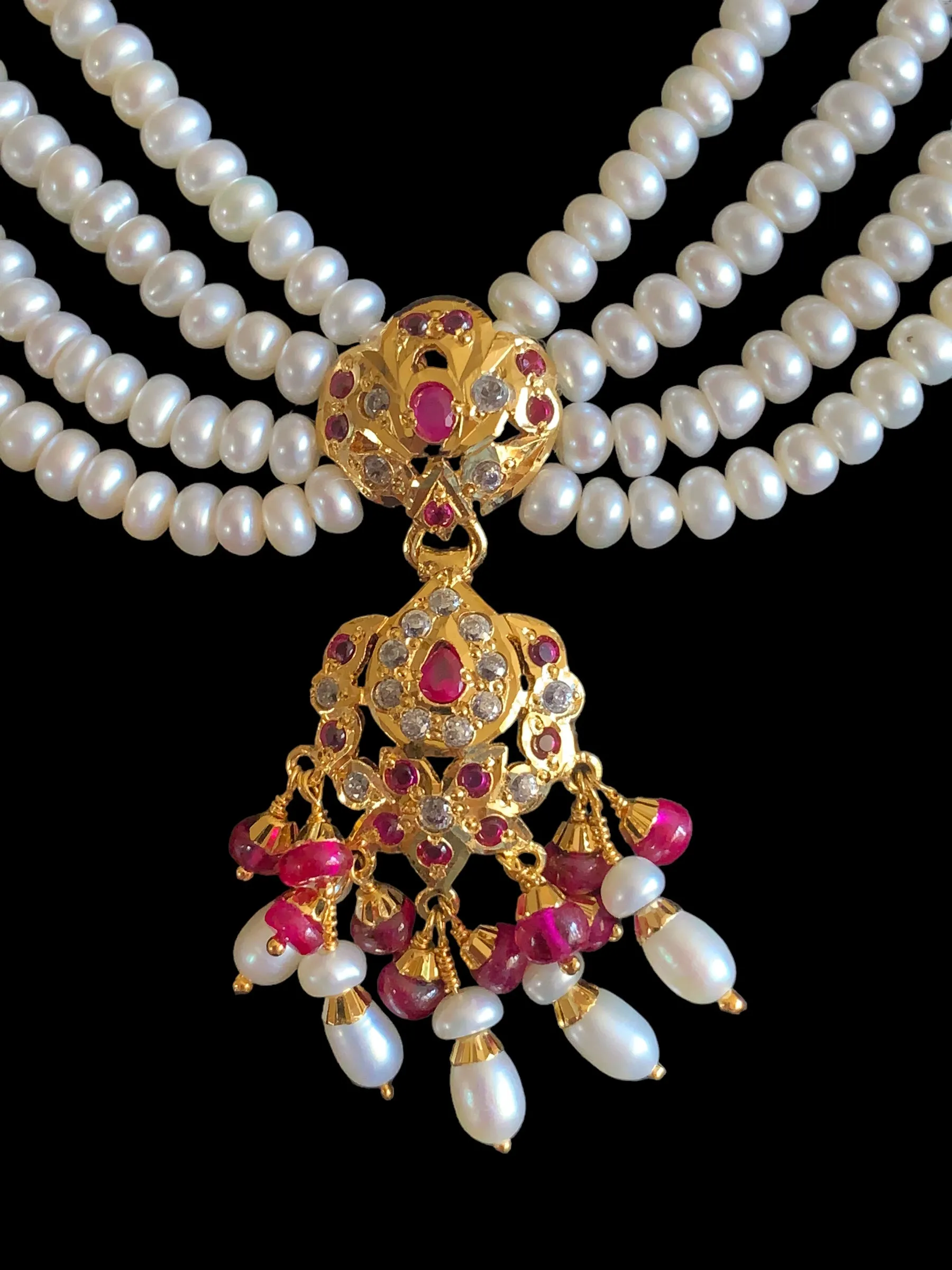 Ruby and zircon jadau gold plated silver necklace with earrings ( READY TO SHIP)