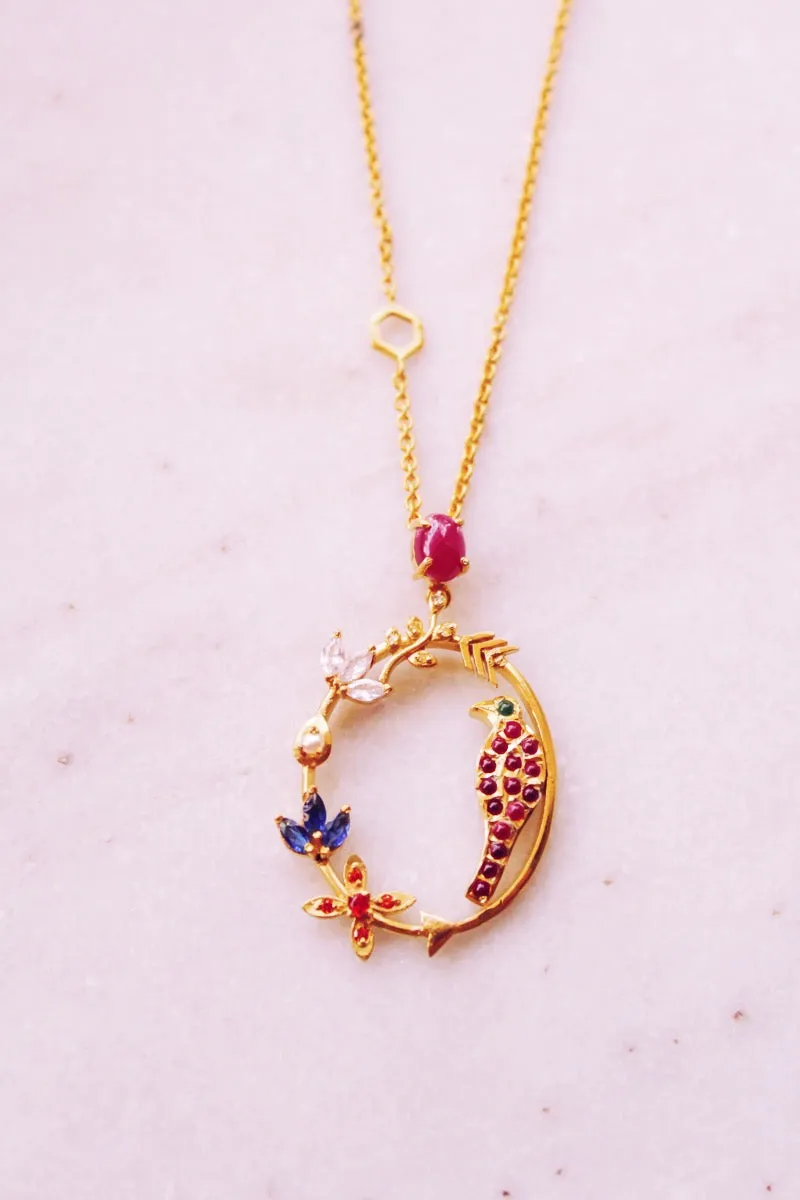 Ruby Goddess Parrot In Circular Arrow With Kamadeva’s 5 Flowers Necklace (Gold-plated)