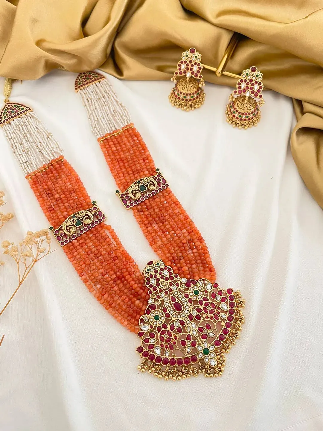 Ruby Stone Studded Layered Long Temple Necklace