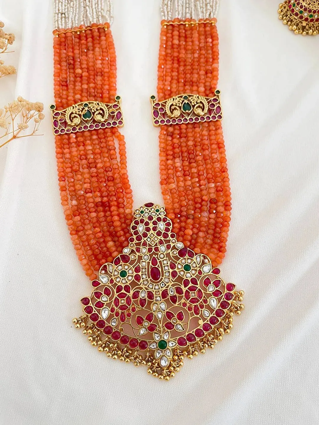 Ruby Stone Studded Layered Long Temple Necklace