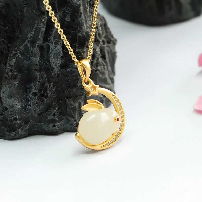 S925 Silver Natural Hotan Jade Rabbit Moon Star Zircon Necklace