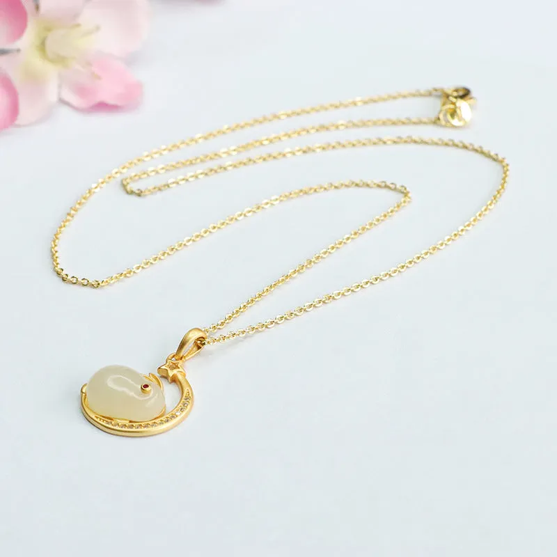 S925 Silver Natural Hotan Jade Rabbit Moon Star Zircon Necklace