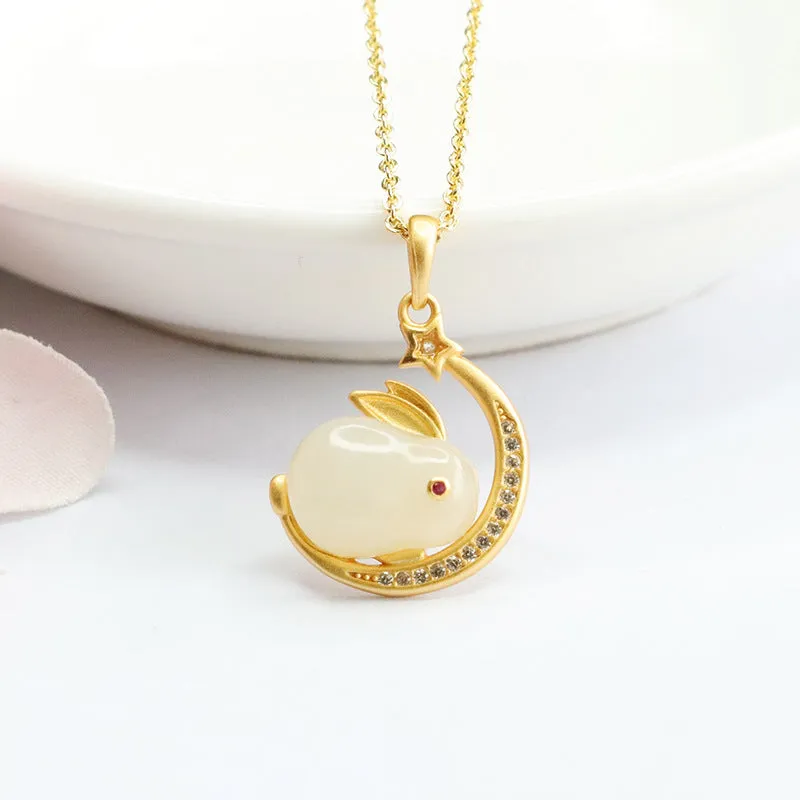 S925 Silver Natural Hotan Jade Rabbit Moon Star Zircon Necklace