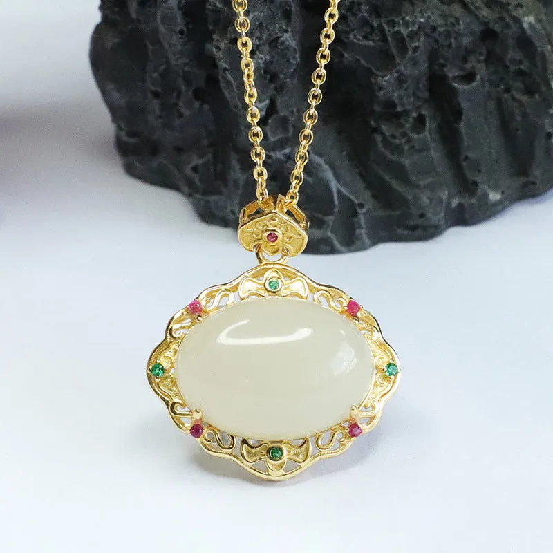 S925 Silver Natural Hotan Jade White Jade Ruyi Colourful Zircon Necklace