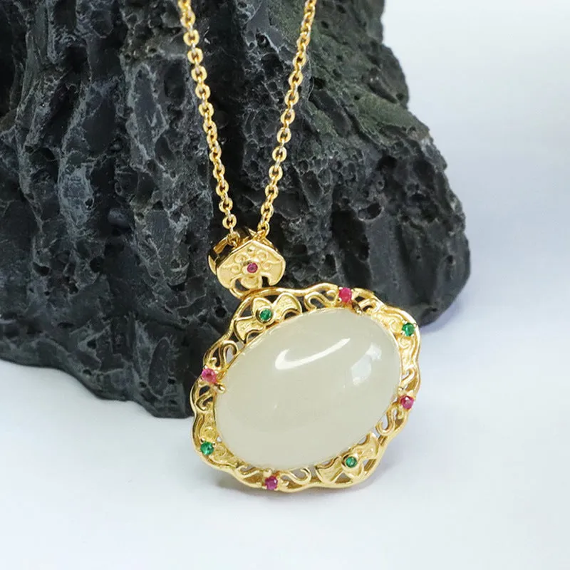 S925 Silver Natural Hotan Jade White Jade Ruyi Colourful Zircon Necklace