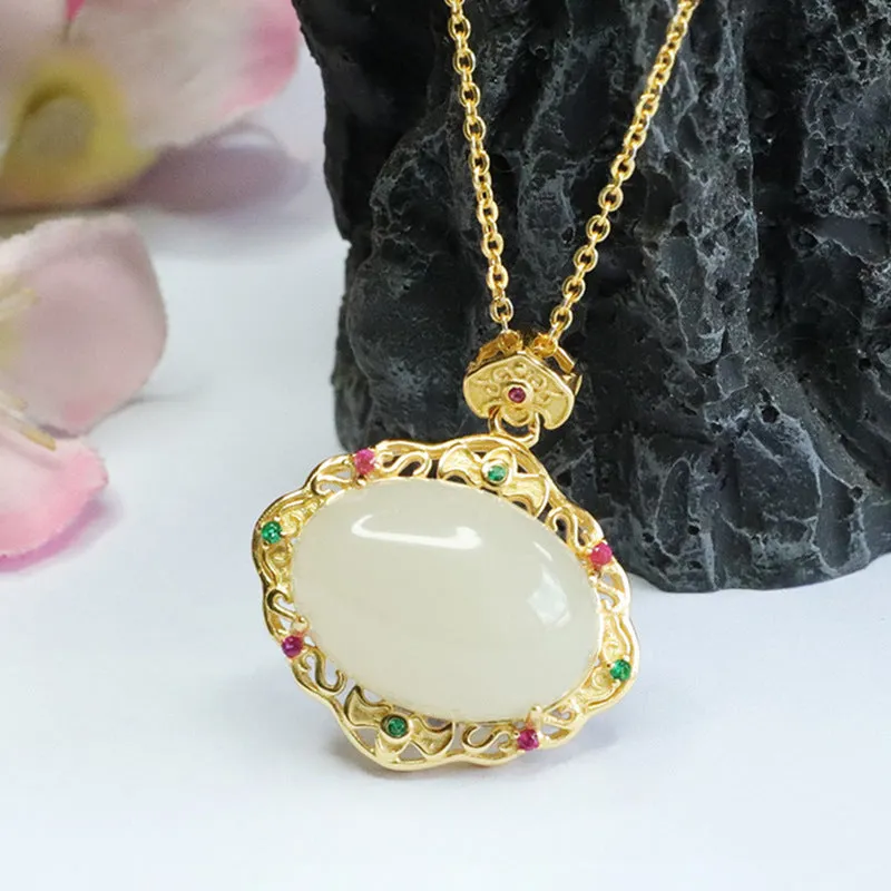 S925 Silver Natural Hotan Jade White Jade Ruyi Colourful Zircon Necklace