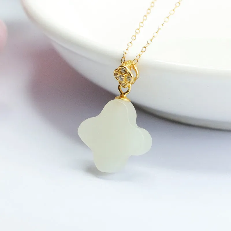 S925 Sterling Silver Four Leaf Grass Necklace with Natural Hotan Jade Pendant