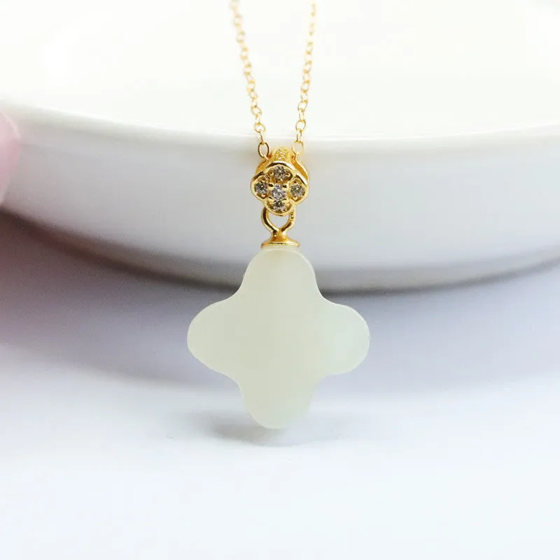 S925 Sterling Silver Four Leaf Grass Necklace with Natural Hotan Jade Pendant