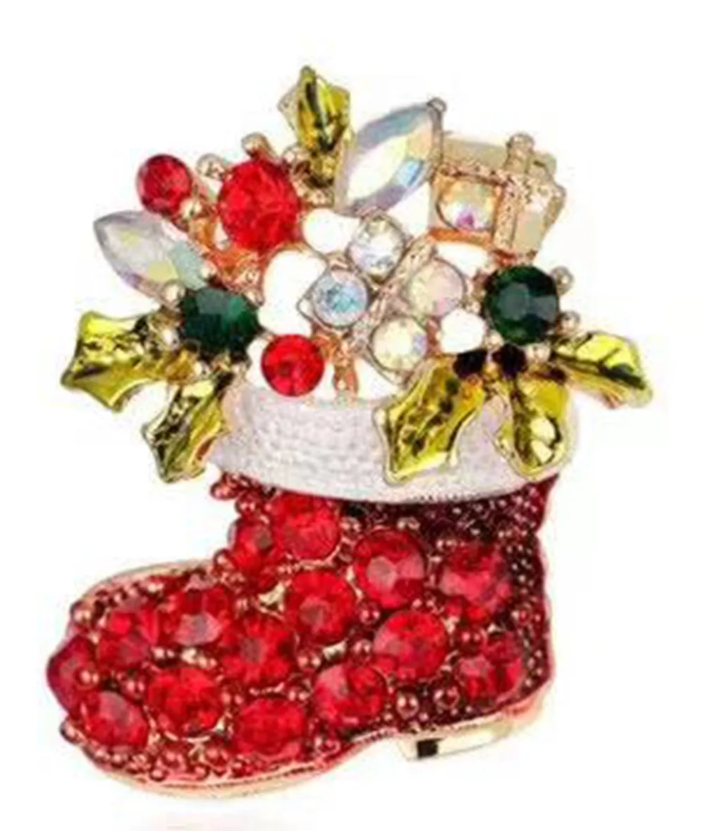 Santa Boot Diamante Rhinestone Christmas Brooch