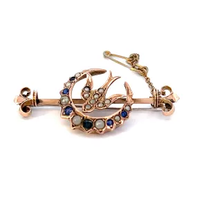 Sapphire & Pearl Bird & Crescent Yellow Gold Vintage Brooch