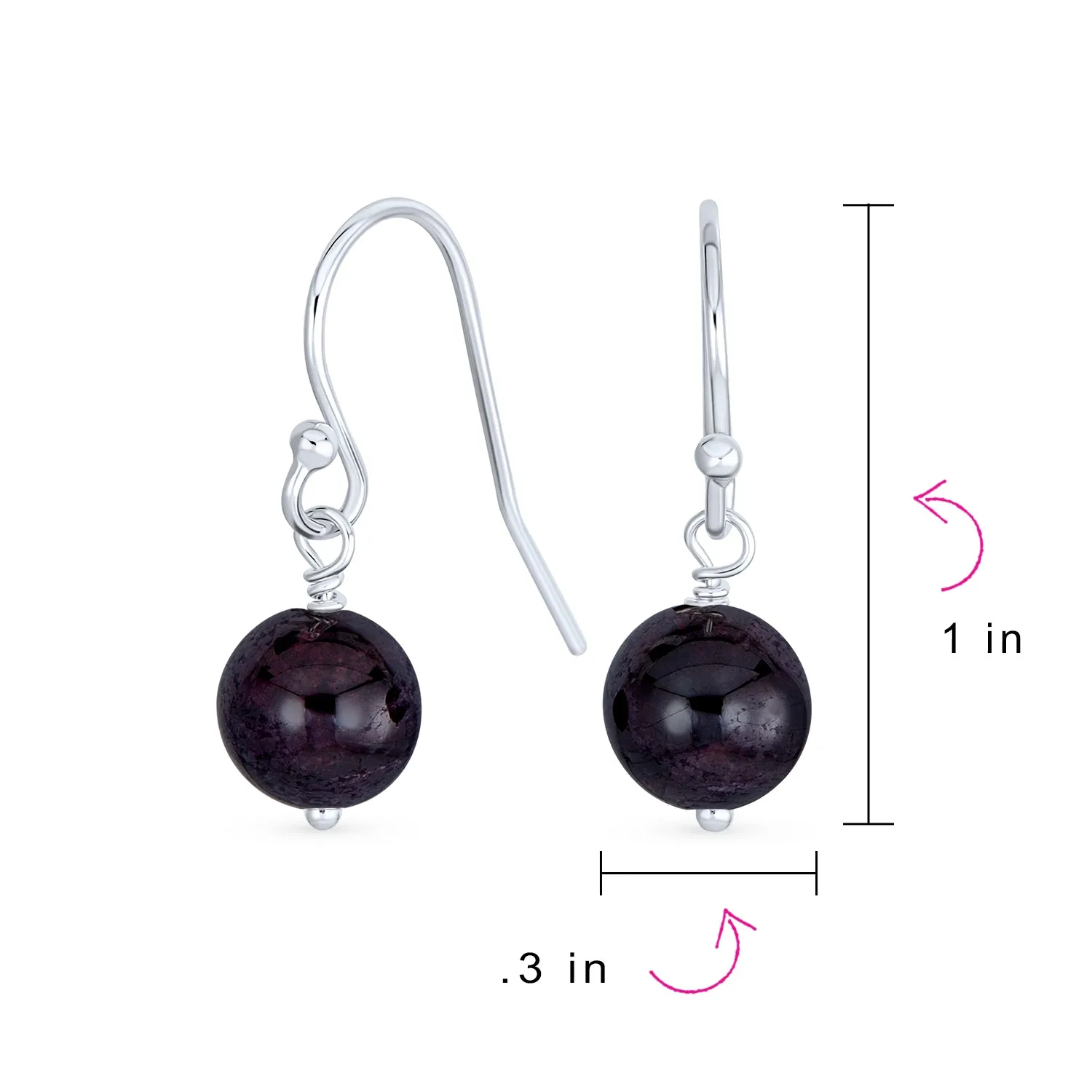 Set of Three Drop Ball Earrings Onyx Coral Amethyst Beads Sterling Silver Hooks