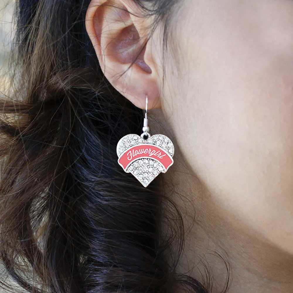 Silver Coral Flower Girl Pave Heart Charm Dangle Earrings