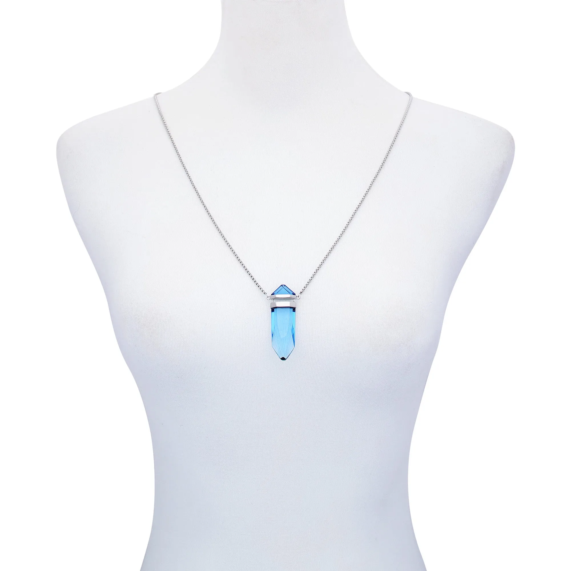 Silvertone Blue Crystal-Shape Stone Pendant Long Necklace