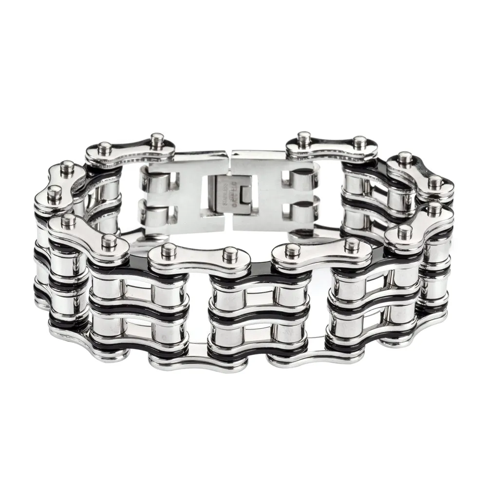 SK1138 Two Tone Silver Black 1" Wide Unisex Stainless Steel Motorcycle Chain Bracelet