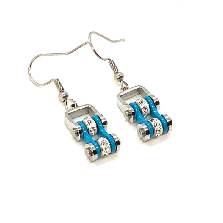 SK2004E MINI Two Tone Silver Turquoise With Crystal Centers Bike Chain Earrings Stainless Steel Motorcycle Biker Jewelry