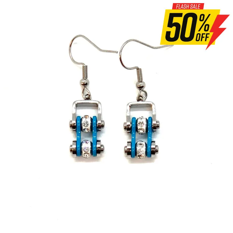 SK2004E MINI Two Tone Silver Turquoise With Crystal Centers Bike Chain Earrings Stainless Steel Motorcycle Biker Jewelry