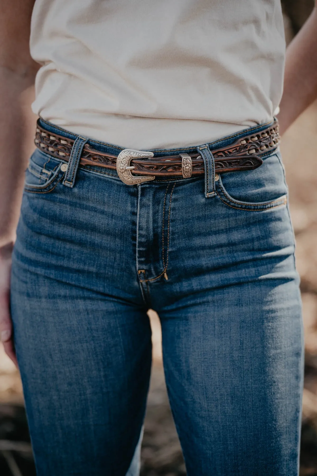 Skinny Vintage Brown Tooled Belt with Cream Buck Stitch by Double J Saddlery (1" tapered to 3/4")