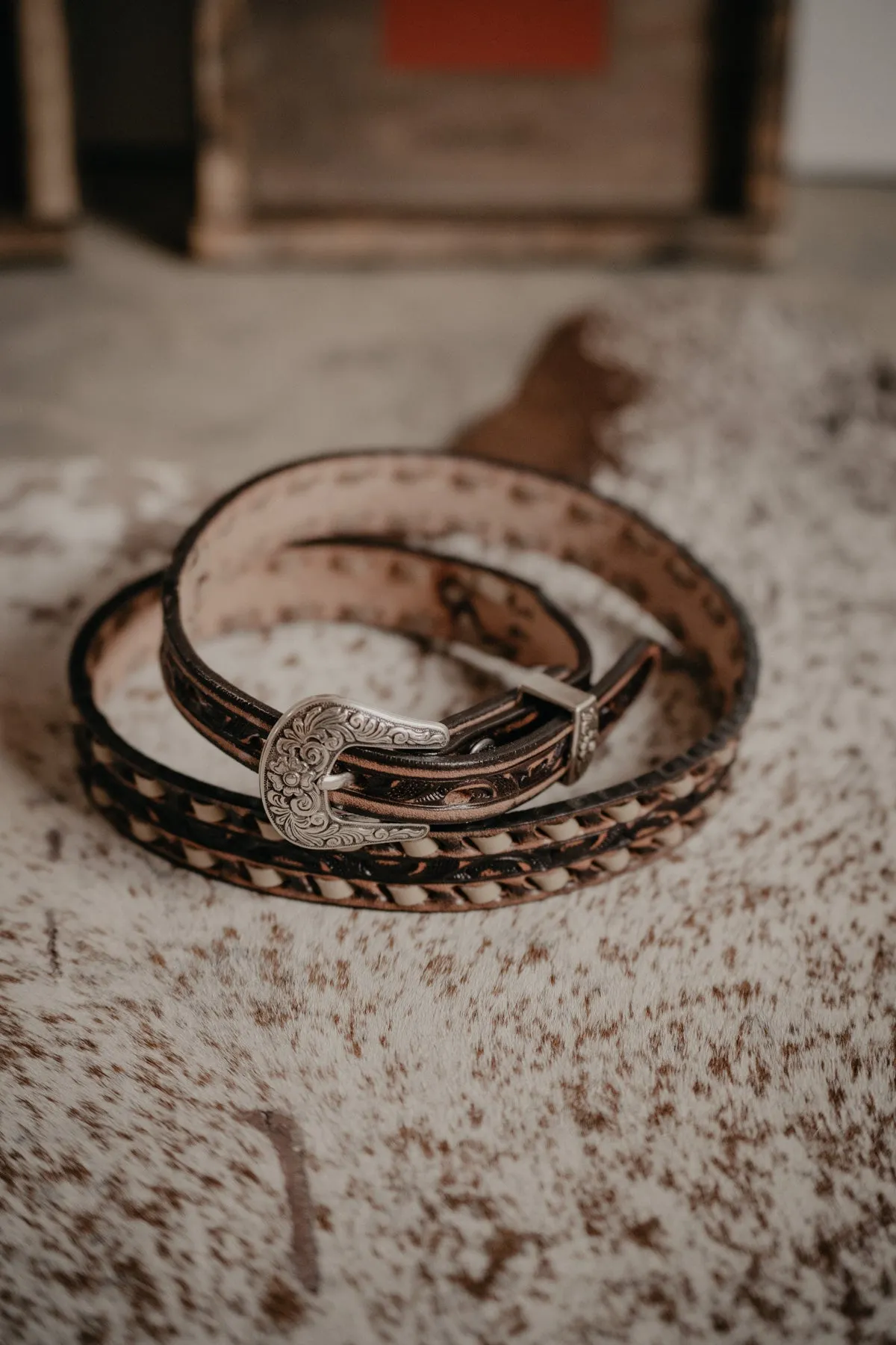 Skinny Vintage Brown Tooled Belt with Cream Buck Stitch by Double J Saddlery (1" tapered to 3/4")