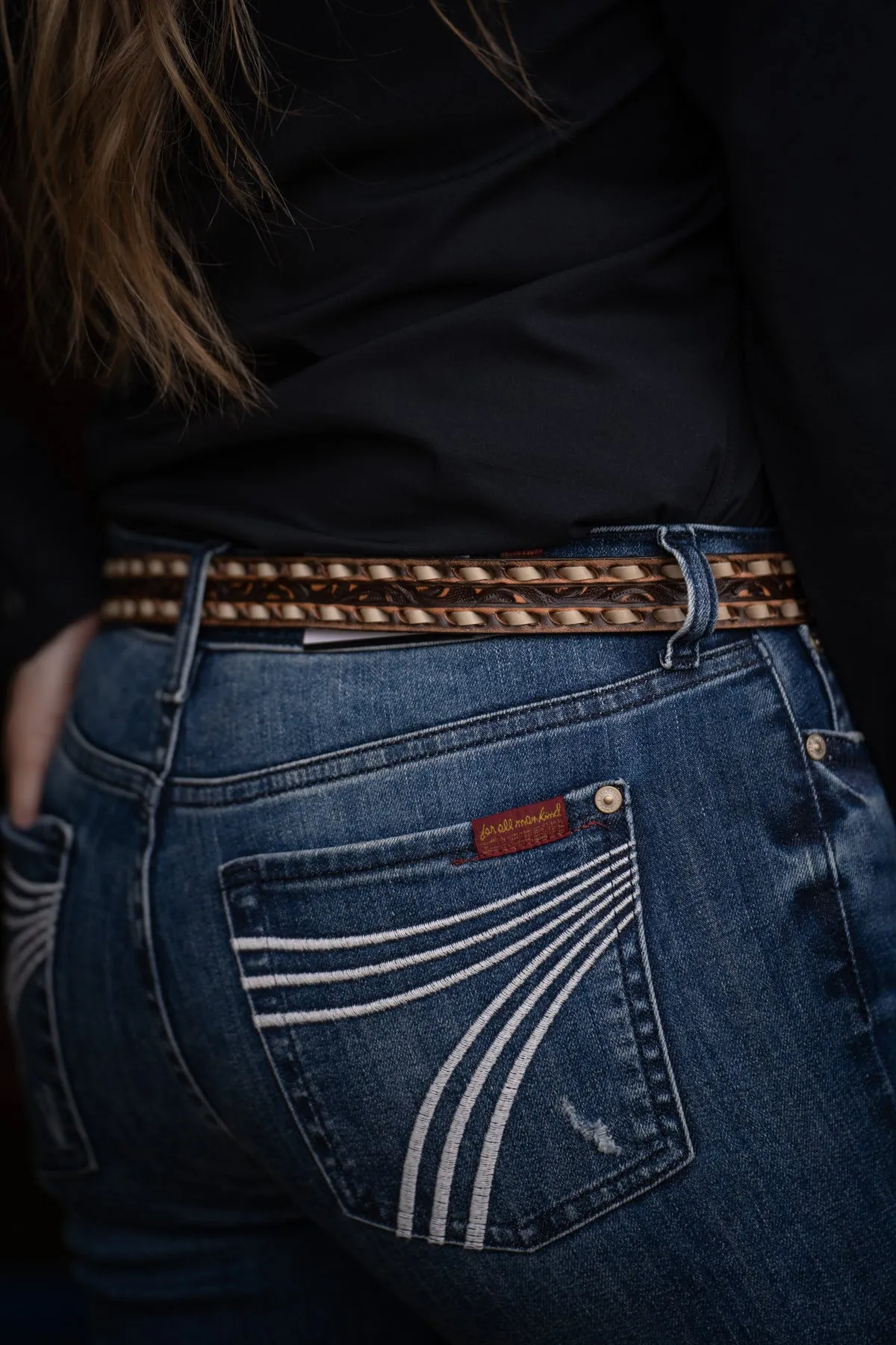 Skinny Vintage Brown Tooled Belt with Cream Buck Stitch by Double J Saddlery (1" tapered to 3/4")