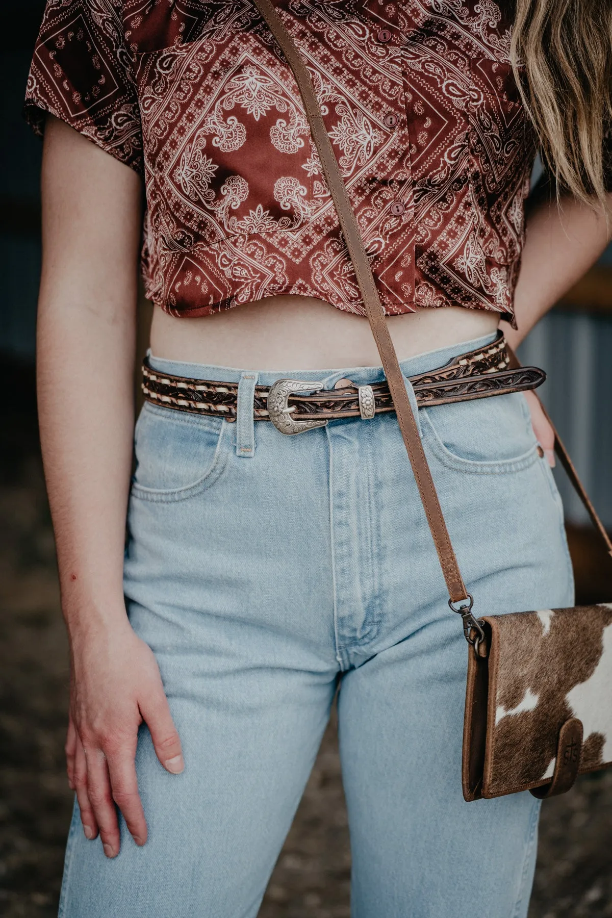 Skinny Vintage Brown Tooled Belt with Cream Buck Stitch by Double J Saddlery (1" tapered to 3/4")