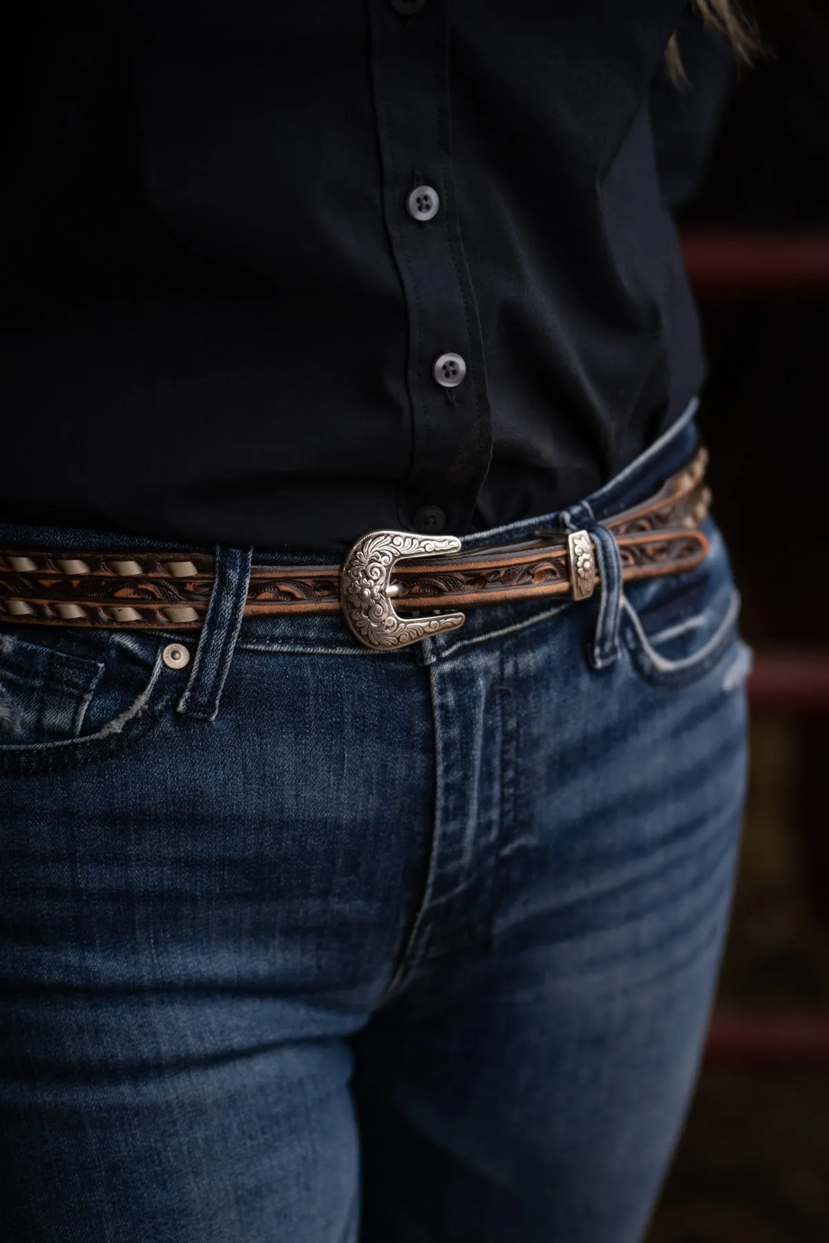 Skinny Vintage Brown Tooled Belt with Cream Buck Stitch by Double J Saddlery (1" tapered to 3/4")