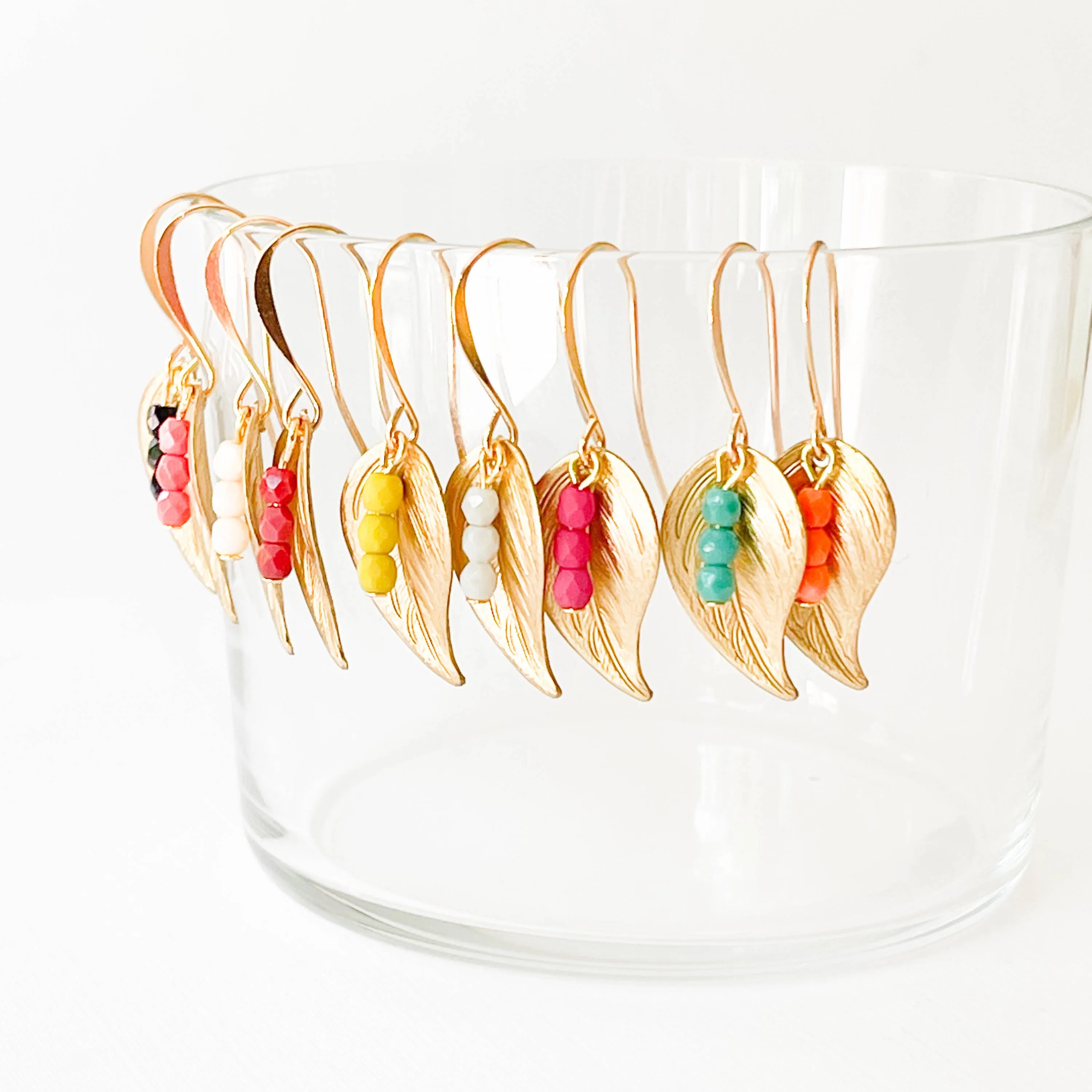 Small Leaf Earrings With Tiny Colorful Beads - WS