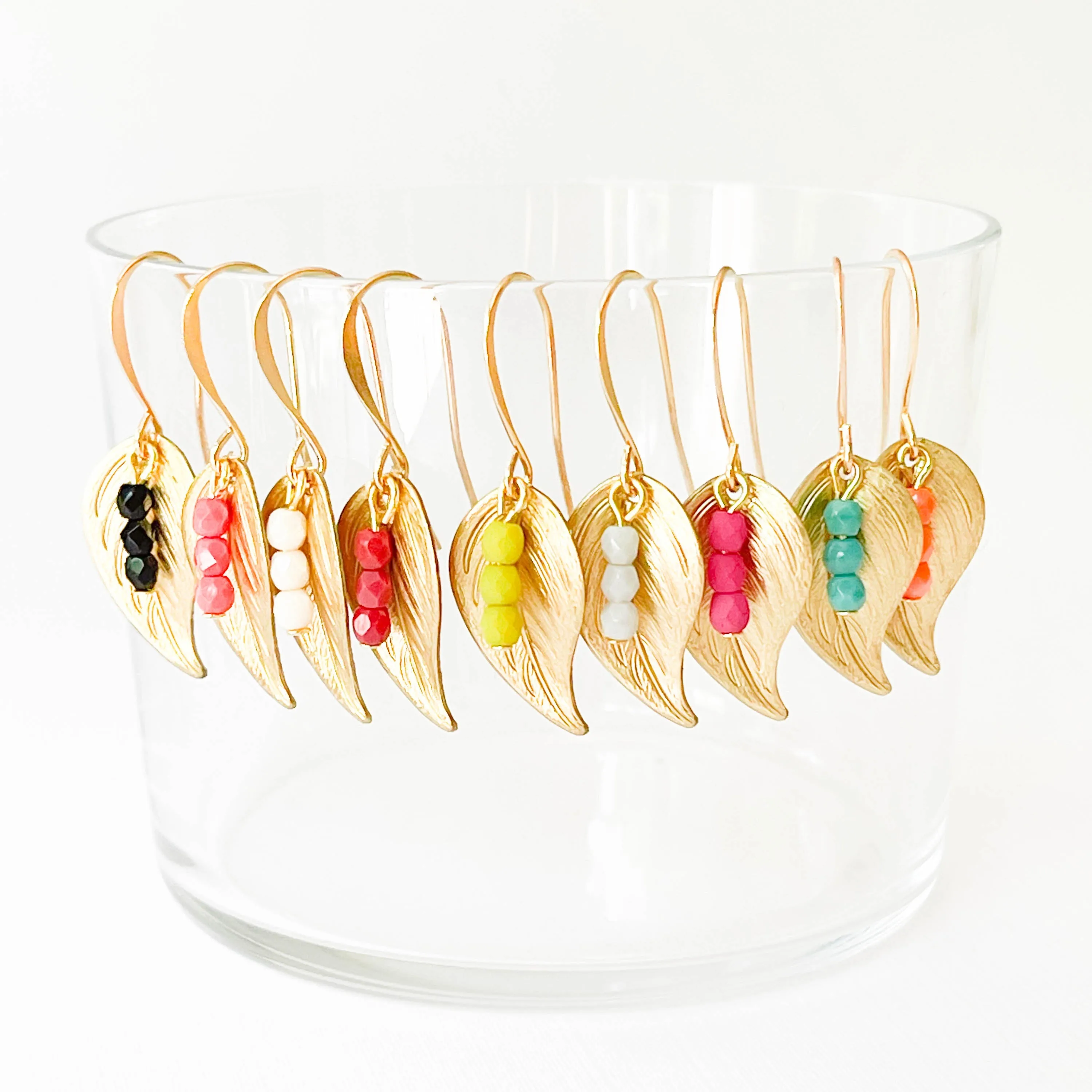 Small Leaf Earrings With Tiny Colorful Beads - WS