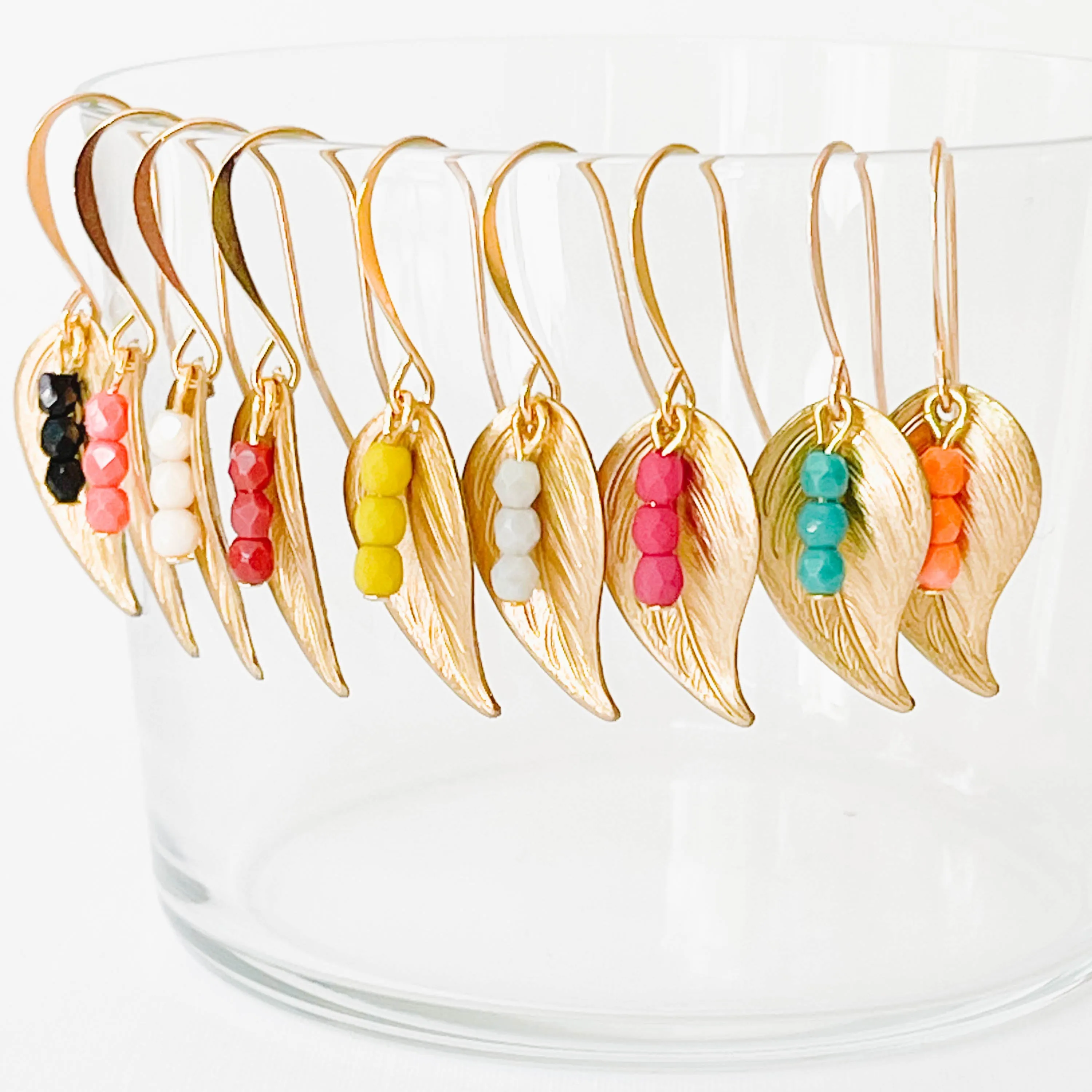 Small Leaf Earrings With Tiny Colorful Beads - WS