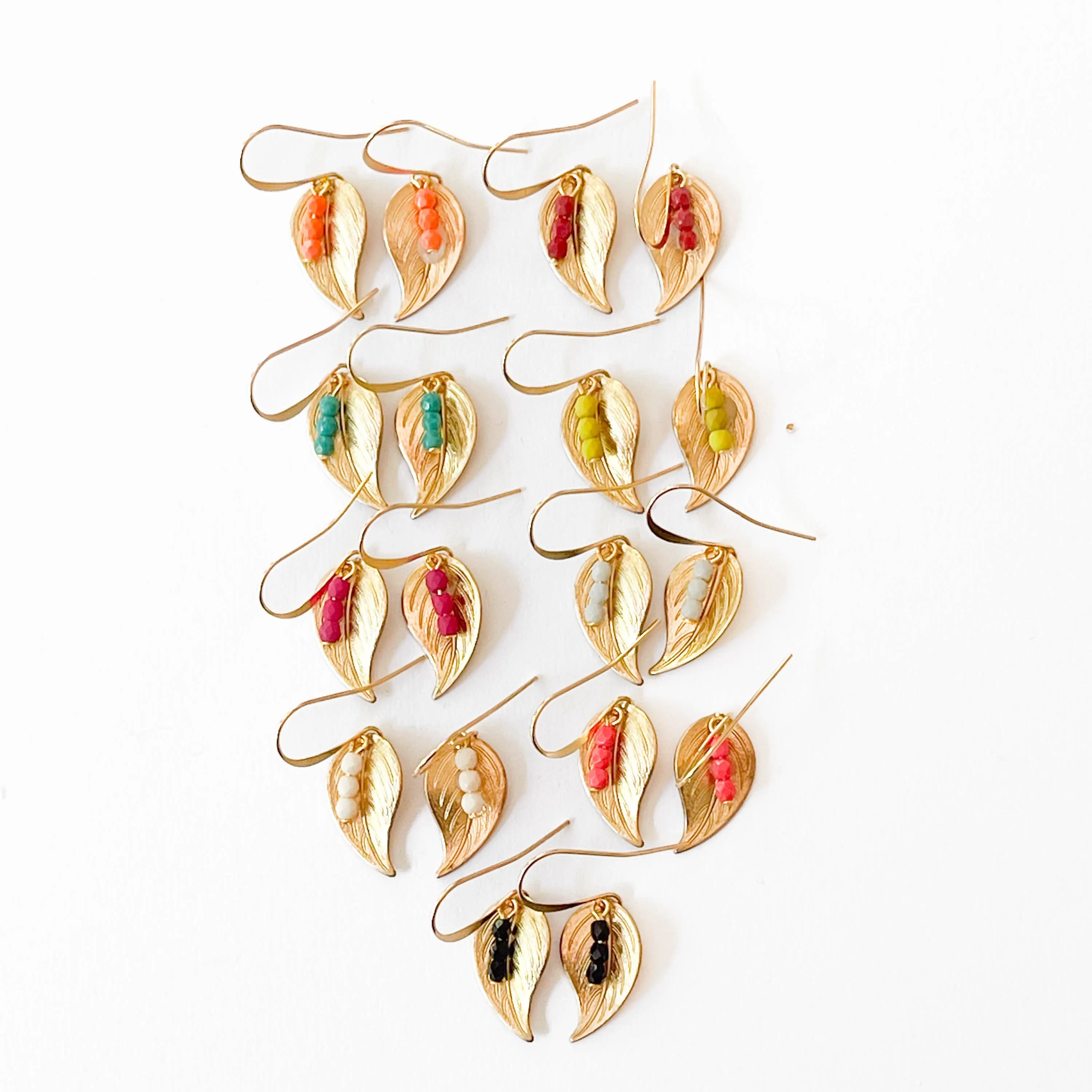 Small Leaf Earrings With Tiny Colorful Beads - WS