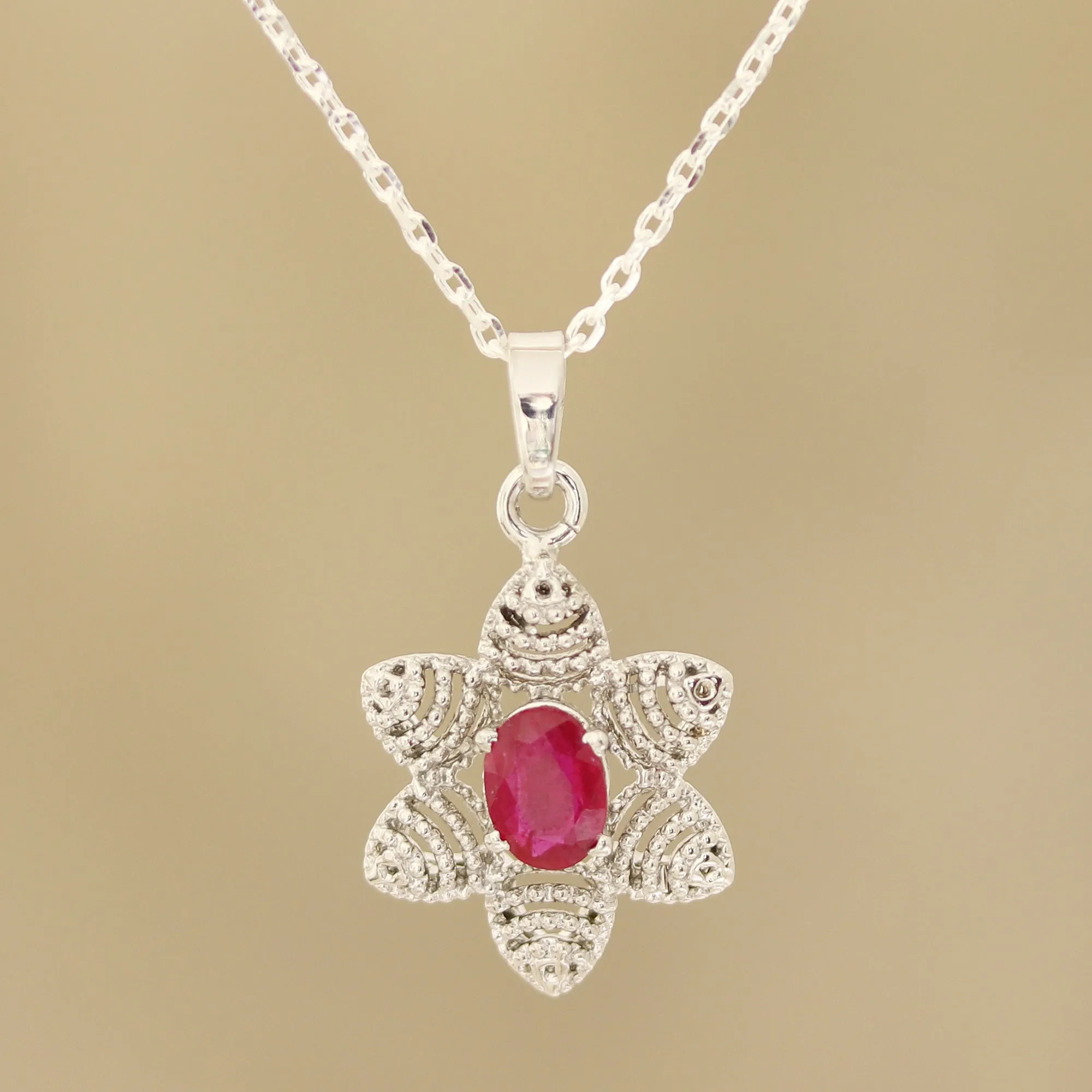 Snow Flower Foral Faceted Ruby Pendant Necklace from India