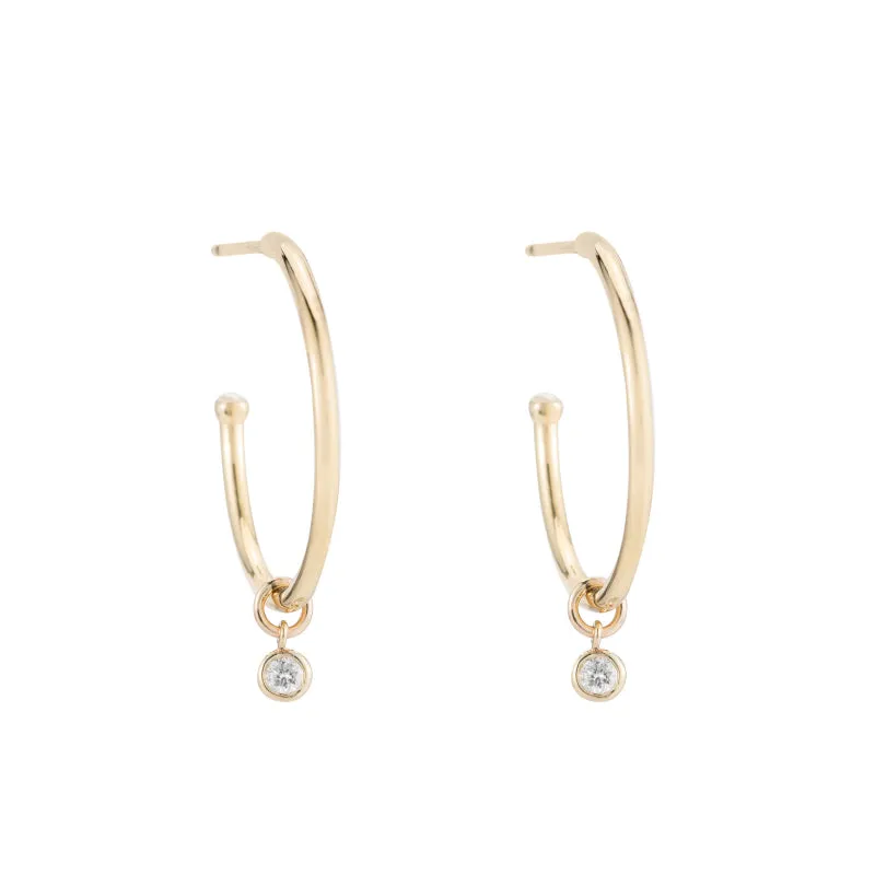 Solid Gold Dangling Diamond Hoop Earrings, 14k