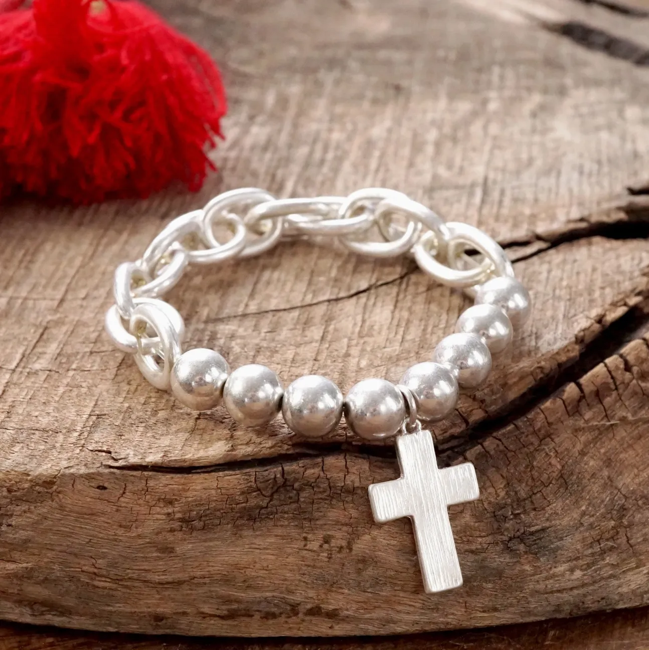 Stay Faithful Chain & Bead Cross Bracelet