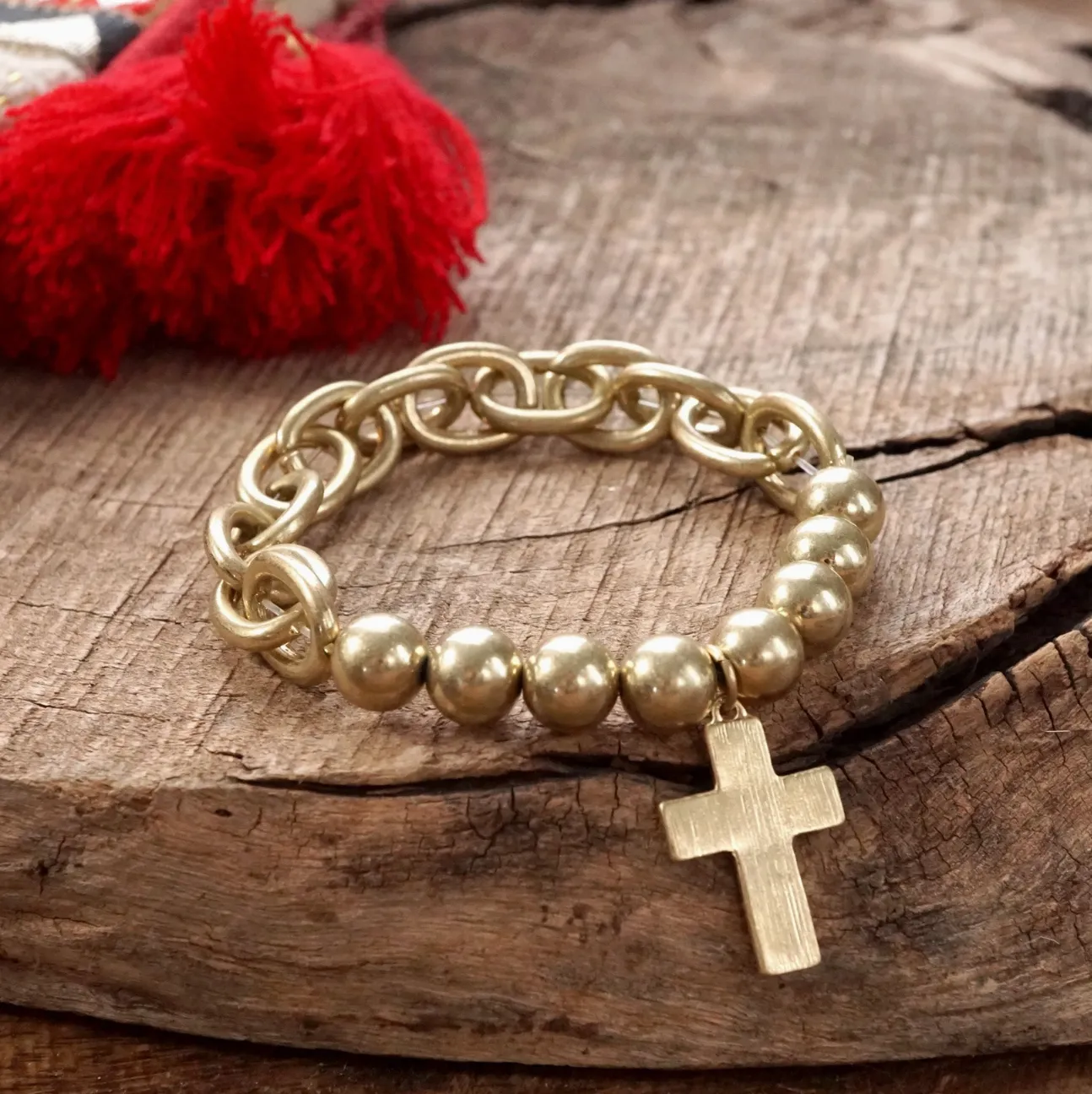 Stay Faithful Chain & Bead Cross Bracelet