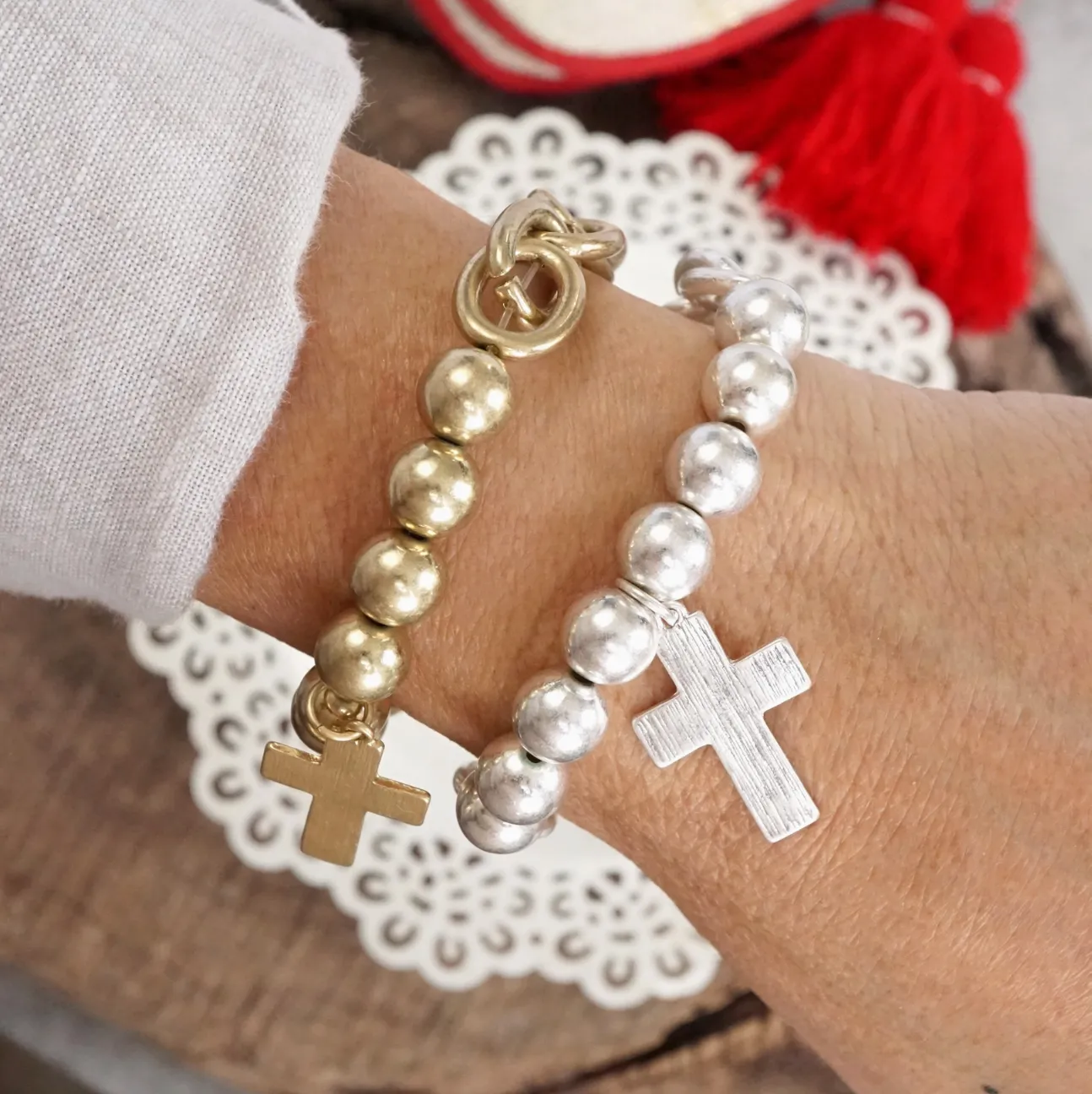 Stay Faithful Chain & Bead Cross Bracelet