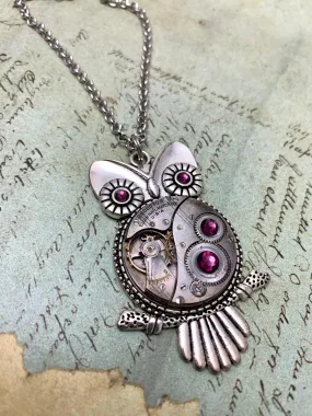 Steampunk Pendant - Who's Time - Steampunk Necklace - Owl pendant Swarovski crystals in Amethyst