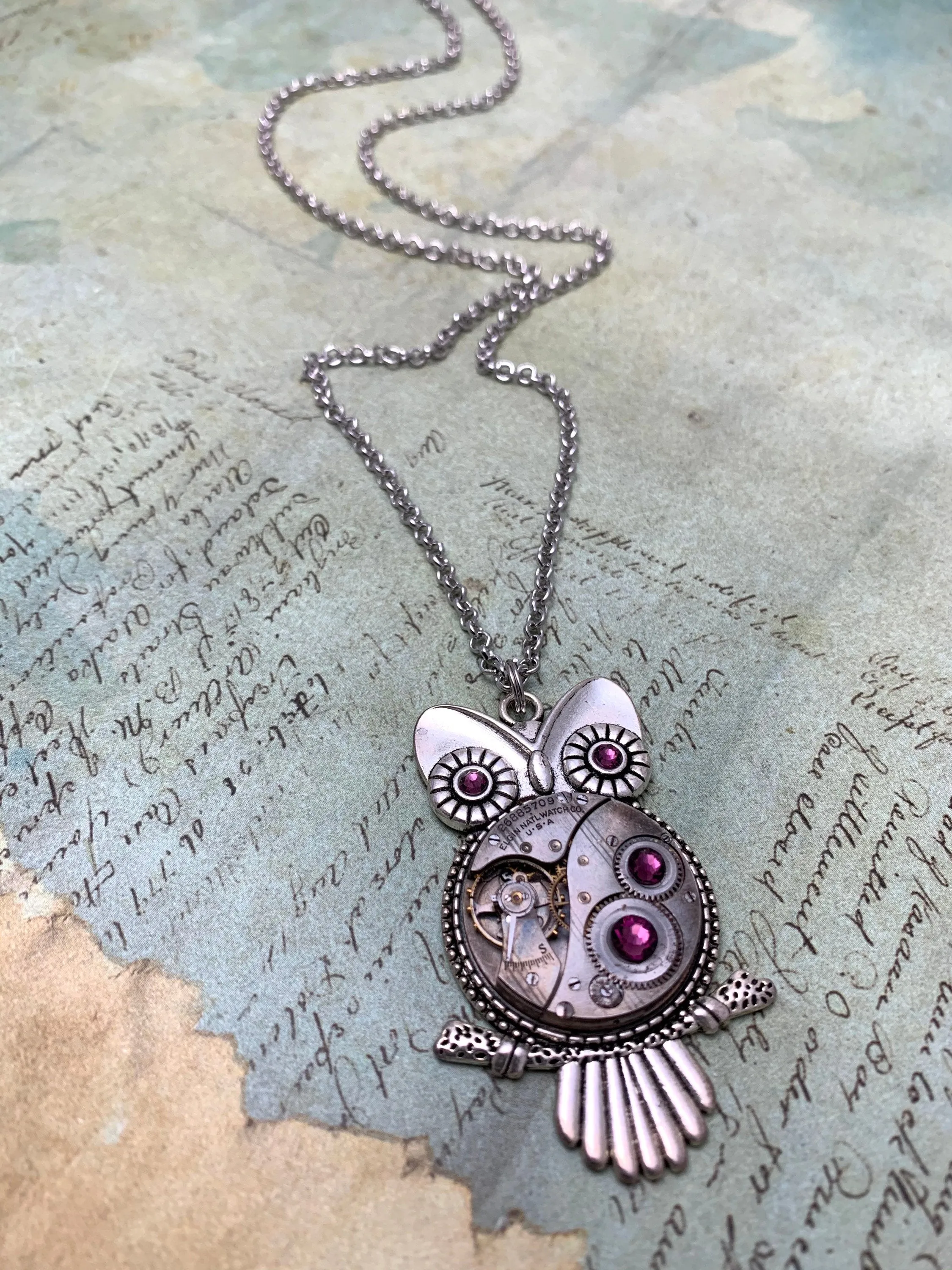 Steampunk Pendant - Who's Time - Steampunk Necklace - Owl pendant Swarovski crystals in Amethyst