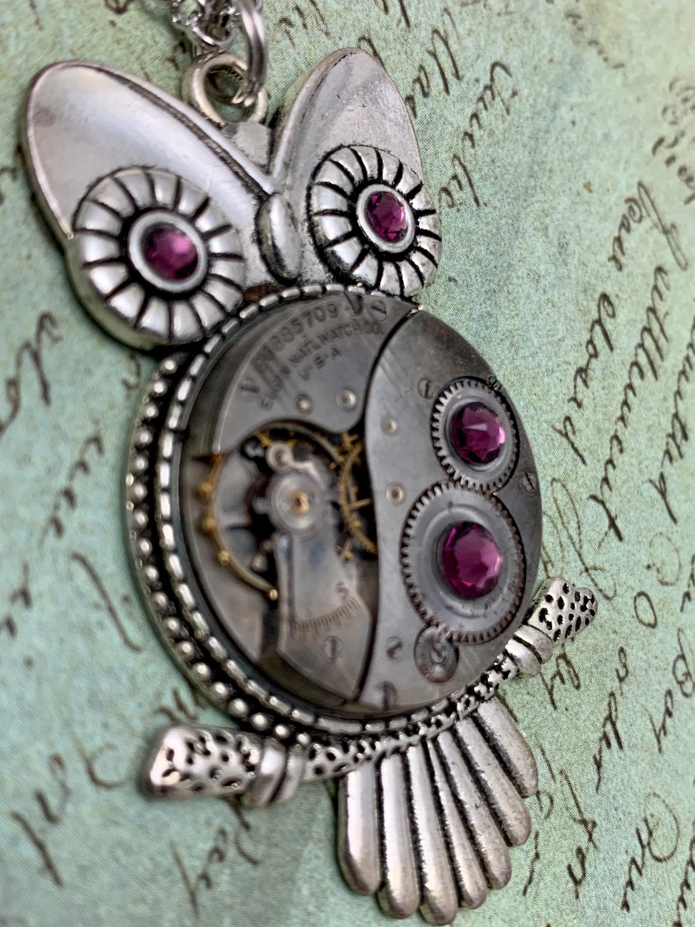 Steampunk Pendant - Who's Time - Steampunk Necklace - Owl pendant Swarovski crystals in Amethyst