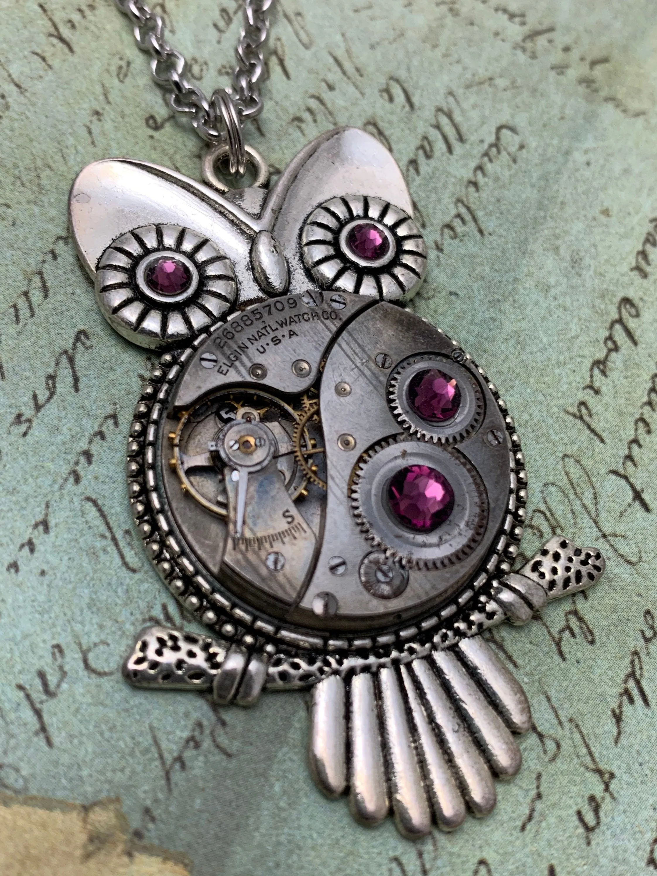 Steampunk Pendant - Who's Time - Steampunk Necklace - Owl pendant Swarovski crystals in Amethyst