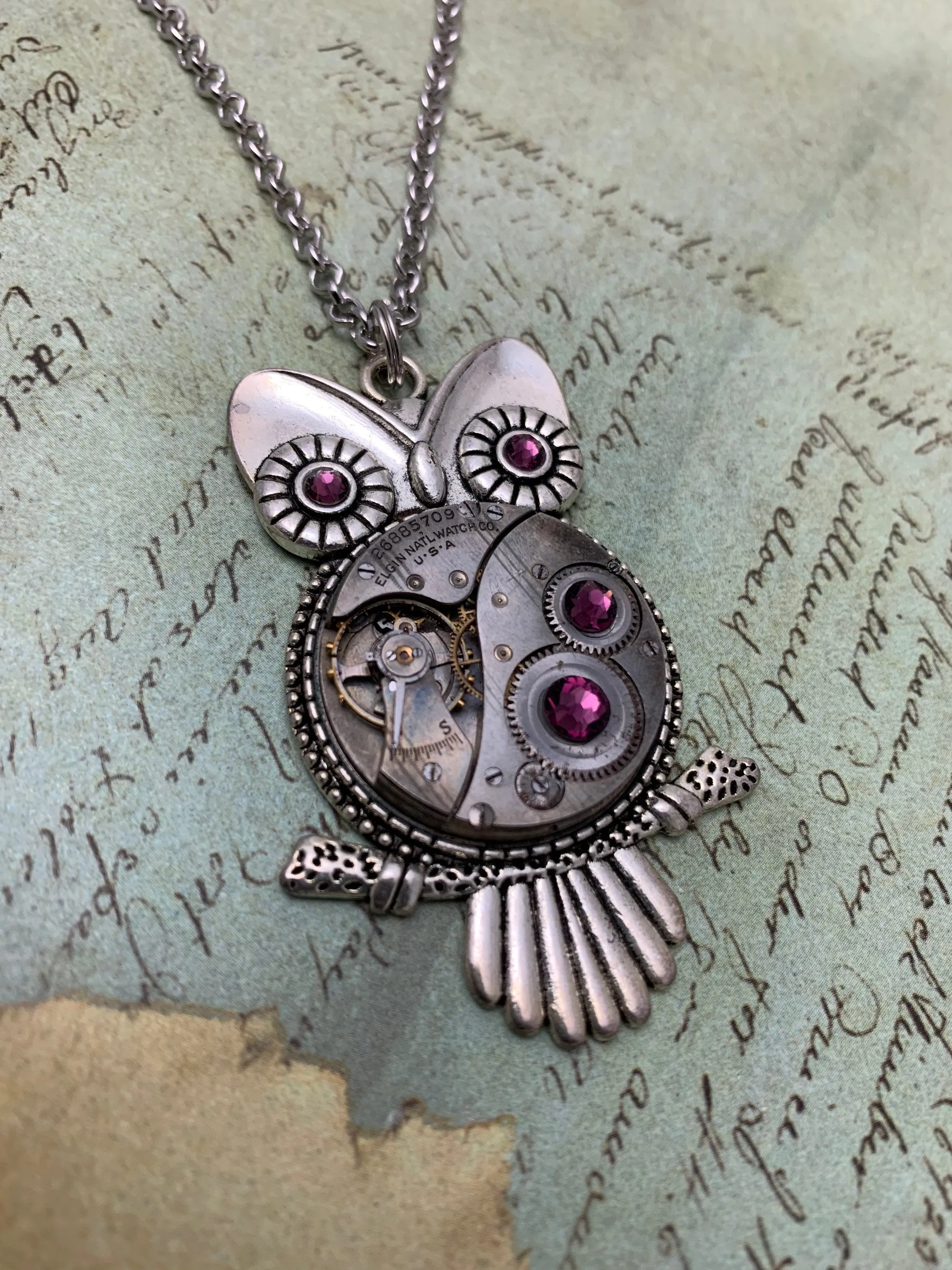 Steampunk Pendant - Who's Time - Steampunk Necklace - Owl pendant Swarovski crystals in Amethyst