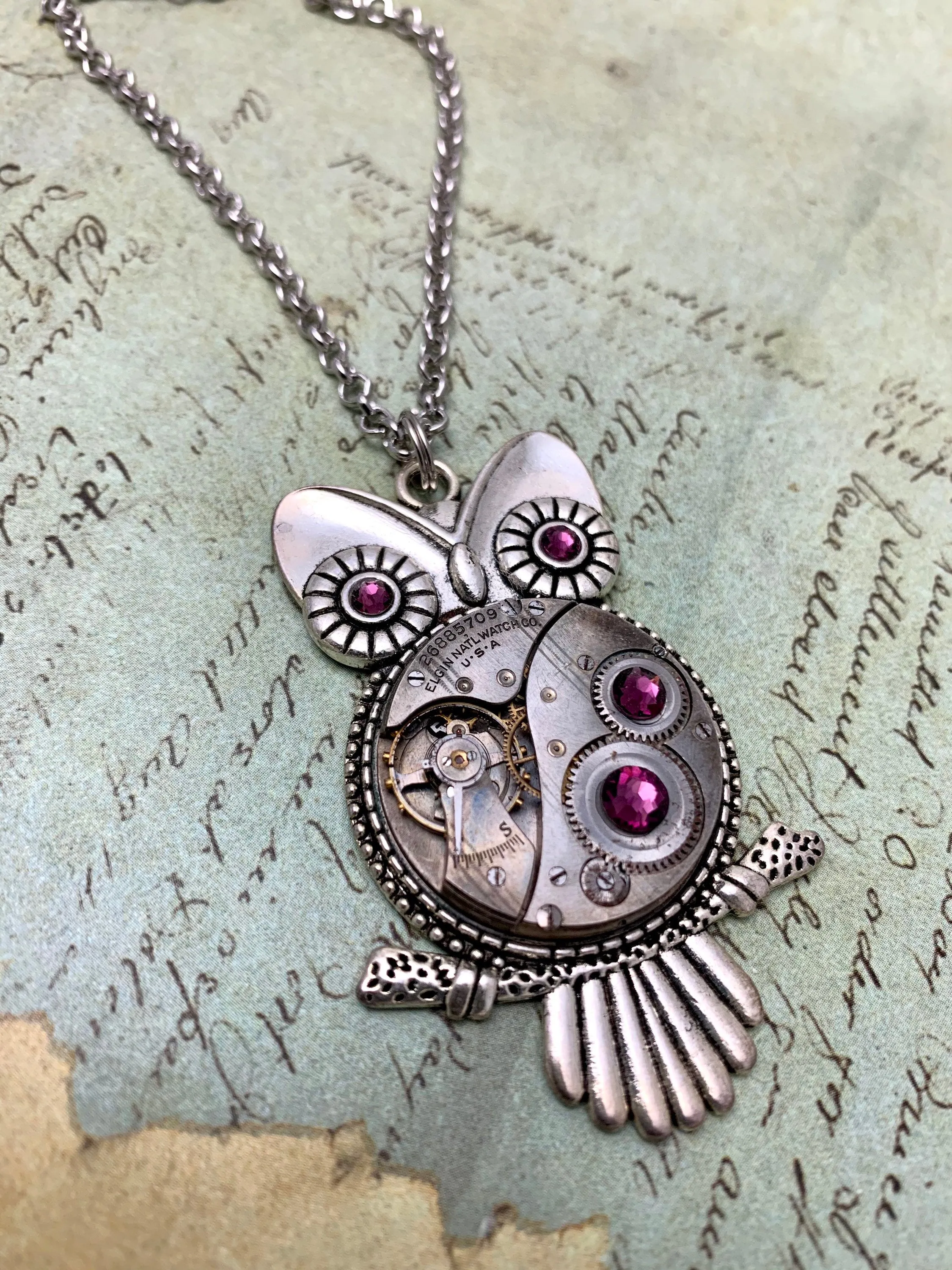 Steampunk Pendant - Who's Time - Steampunk Necklace - Owl pendant Swarovski crystals in Amethyst