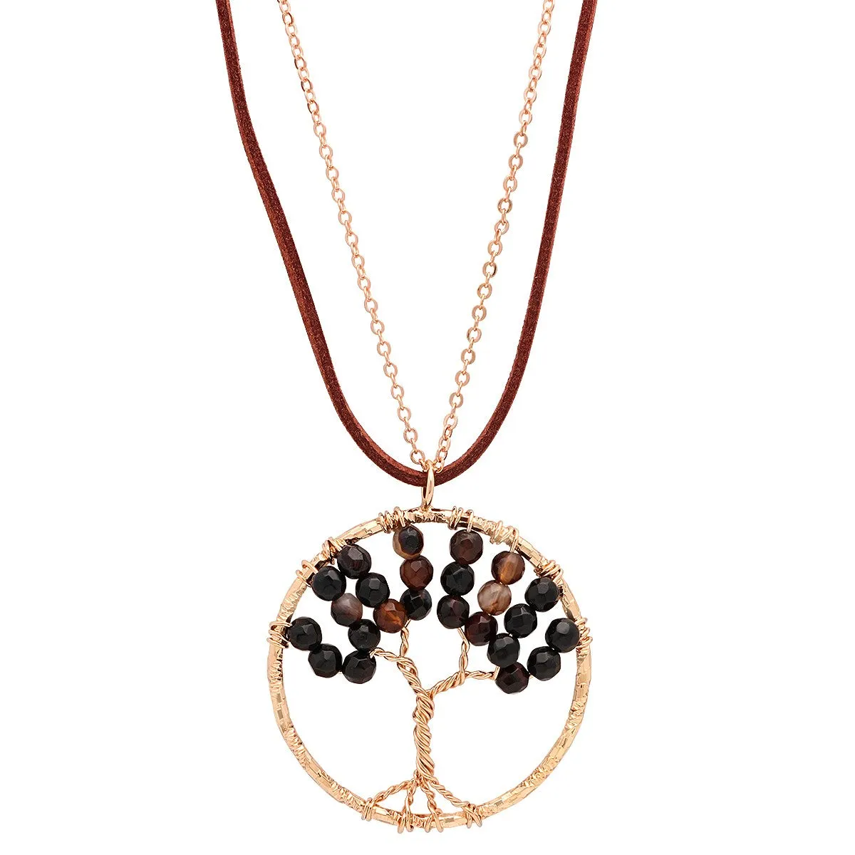 SteelTime Women's Brass Black Agate Tree Of Life Necklace With Brown Velvet