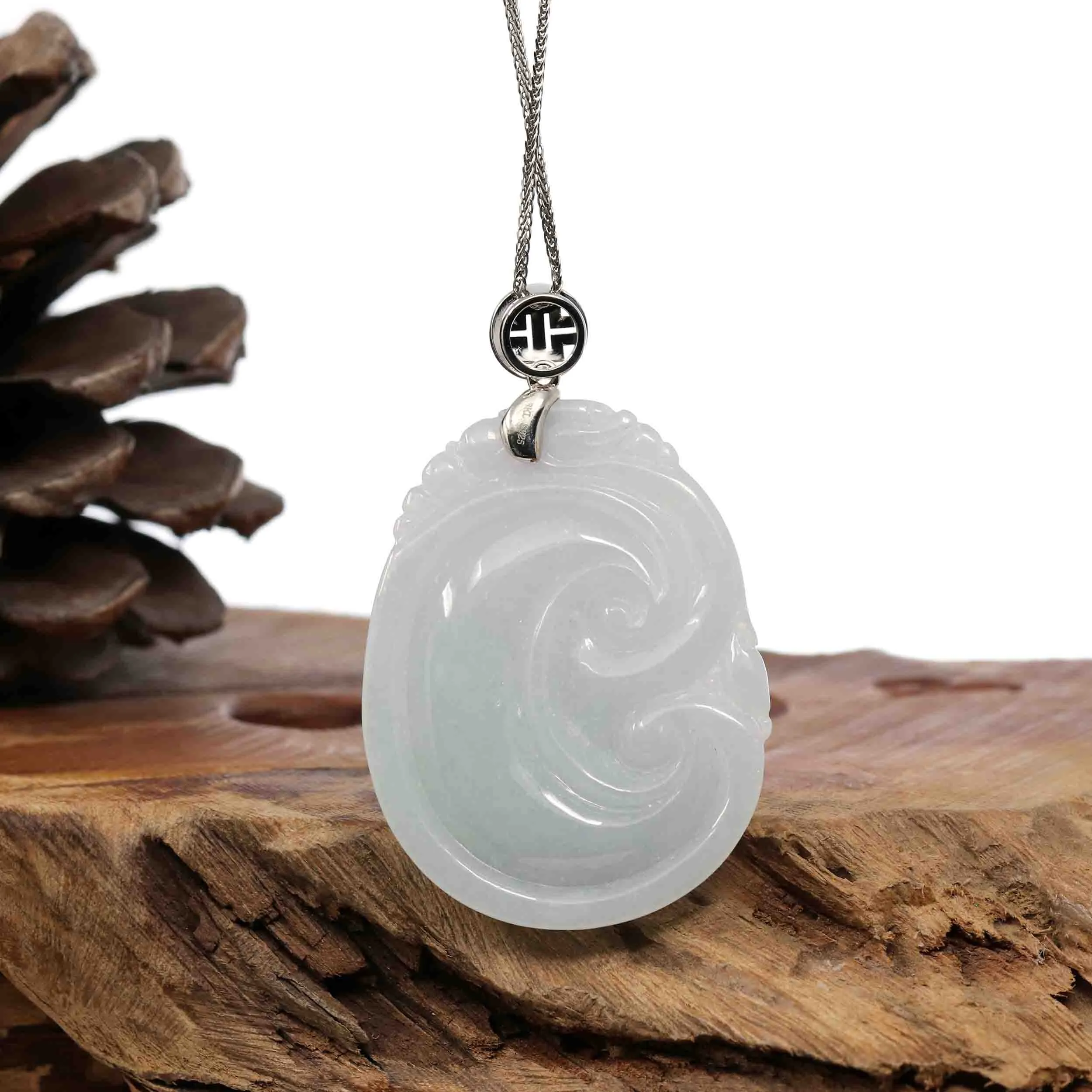 Sterling Silver Genuine White Jadeite Jade Ru Yi Pendant Necklace