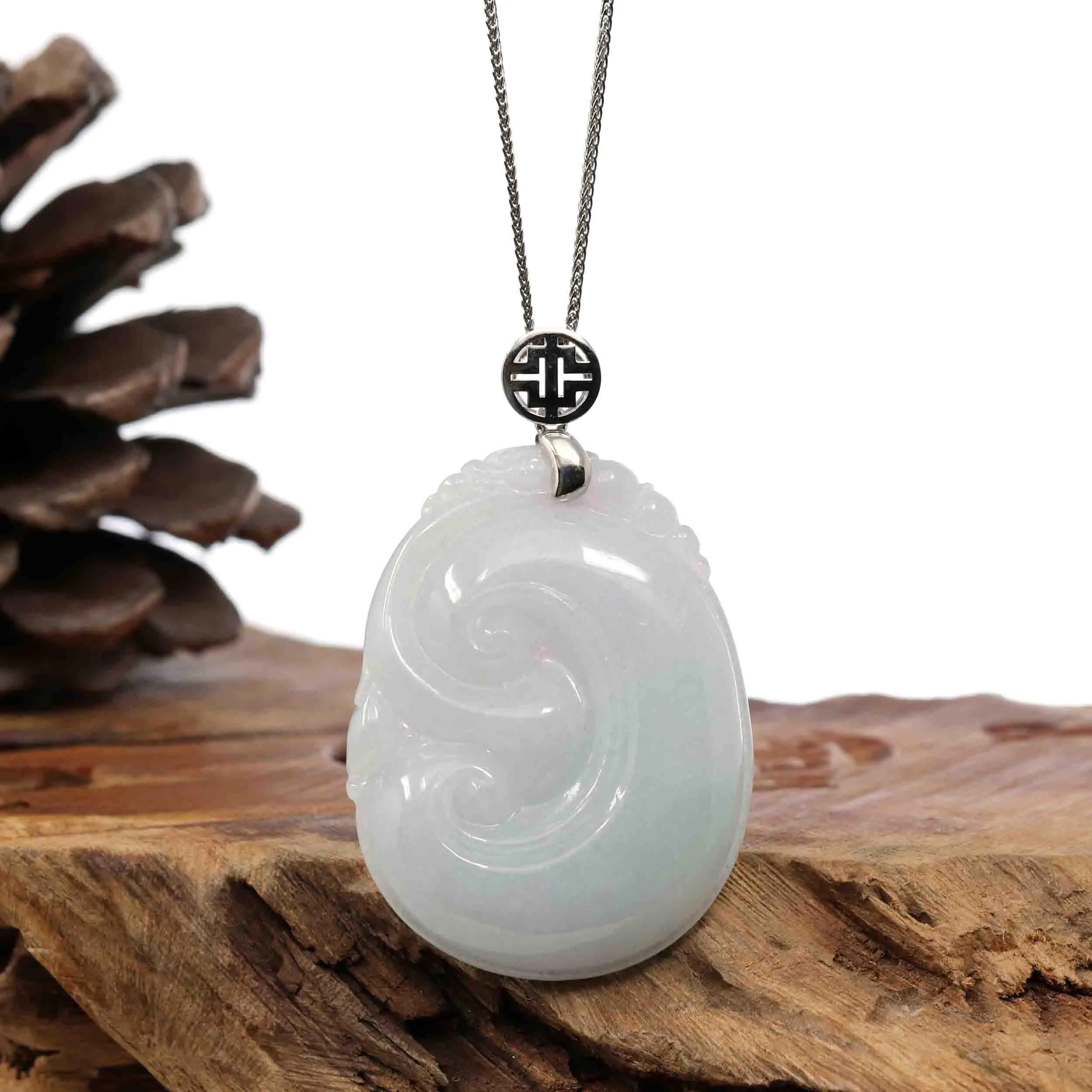 Sterling Silver Genuine White Jadeite Jade Ru Yi Pendant Necklace