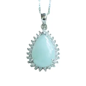 Sterling Silver Jade Water Drop Pendant Necklace with Zircon Halo