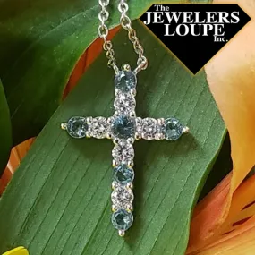 Sterling Silver March Birthstone Cross Necklace (95261)