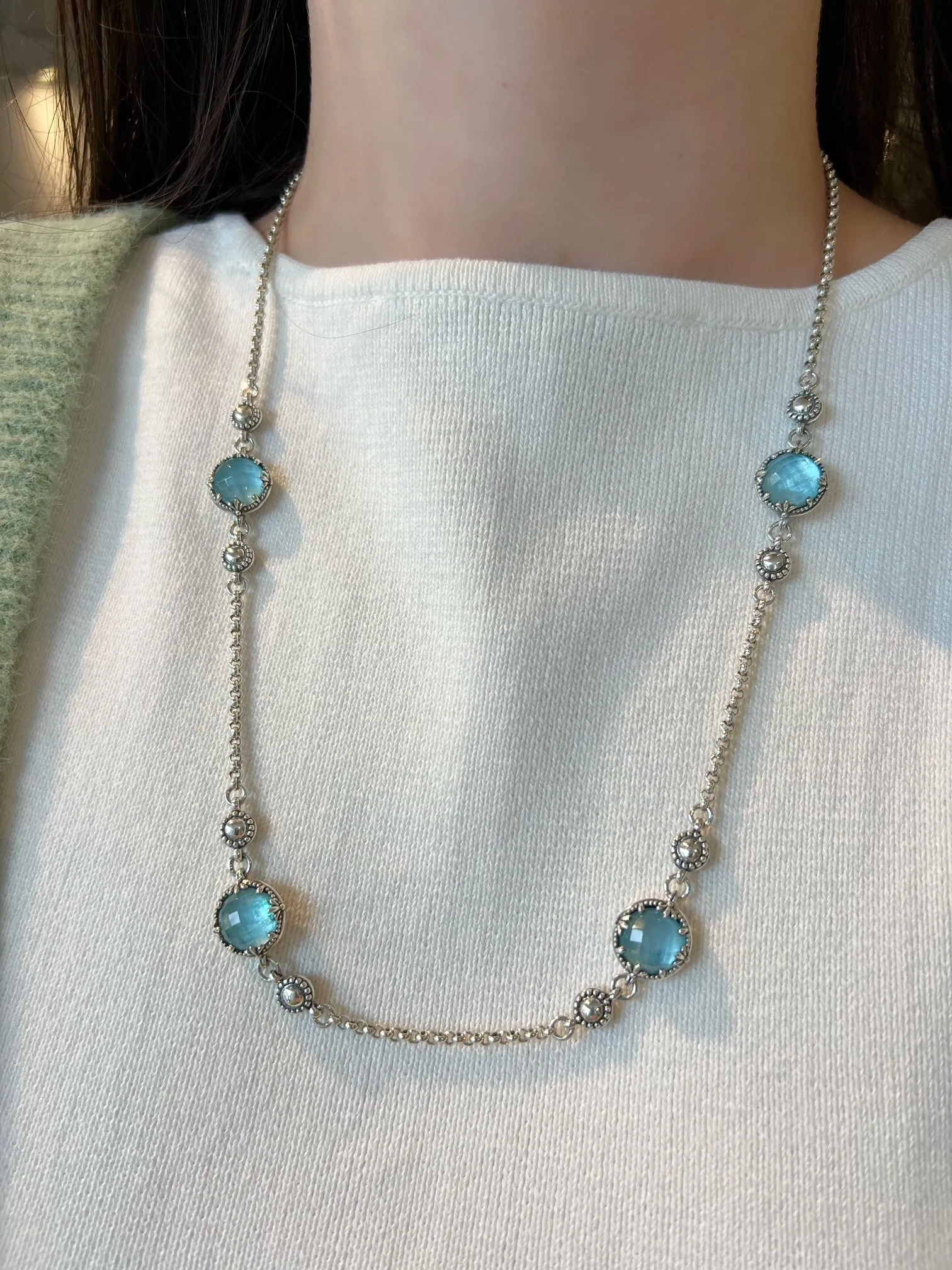 Sterling Silver Rock Crystal & Aquamarine Necklace