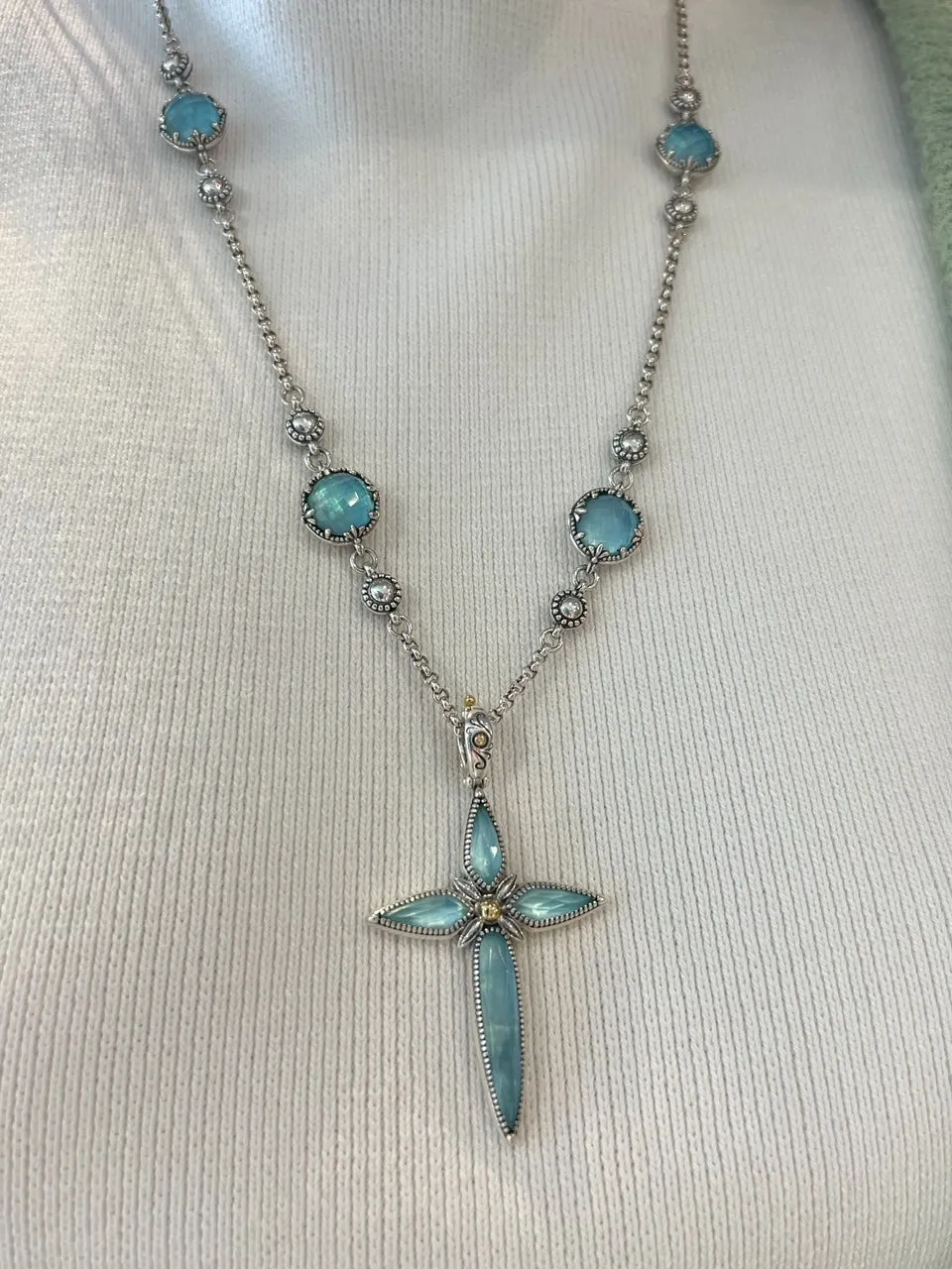 Sterling Silver Rock Crystal & Aquamarine Necklace