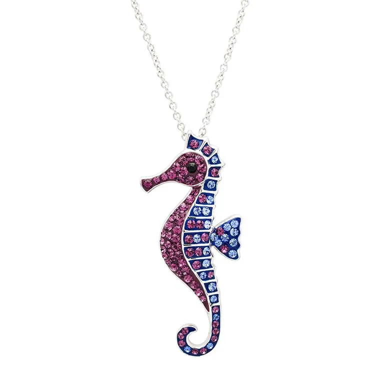 Sterling Silver Sapphire and Amethyst Crystal Seahorse Necklace